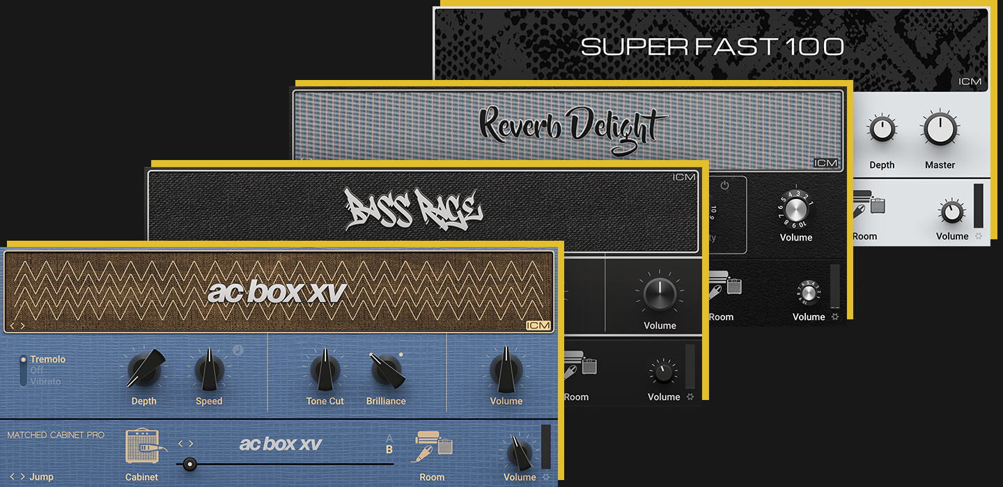 Guitar Rig 7 Pro で追加された4つのアンプ。Super Fast 100・Reverb Delight・Bass Rage・AC Box XV（Native Instruments 公式の画像）