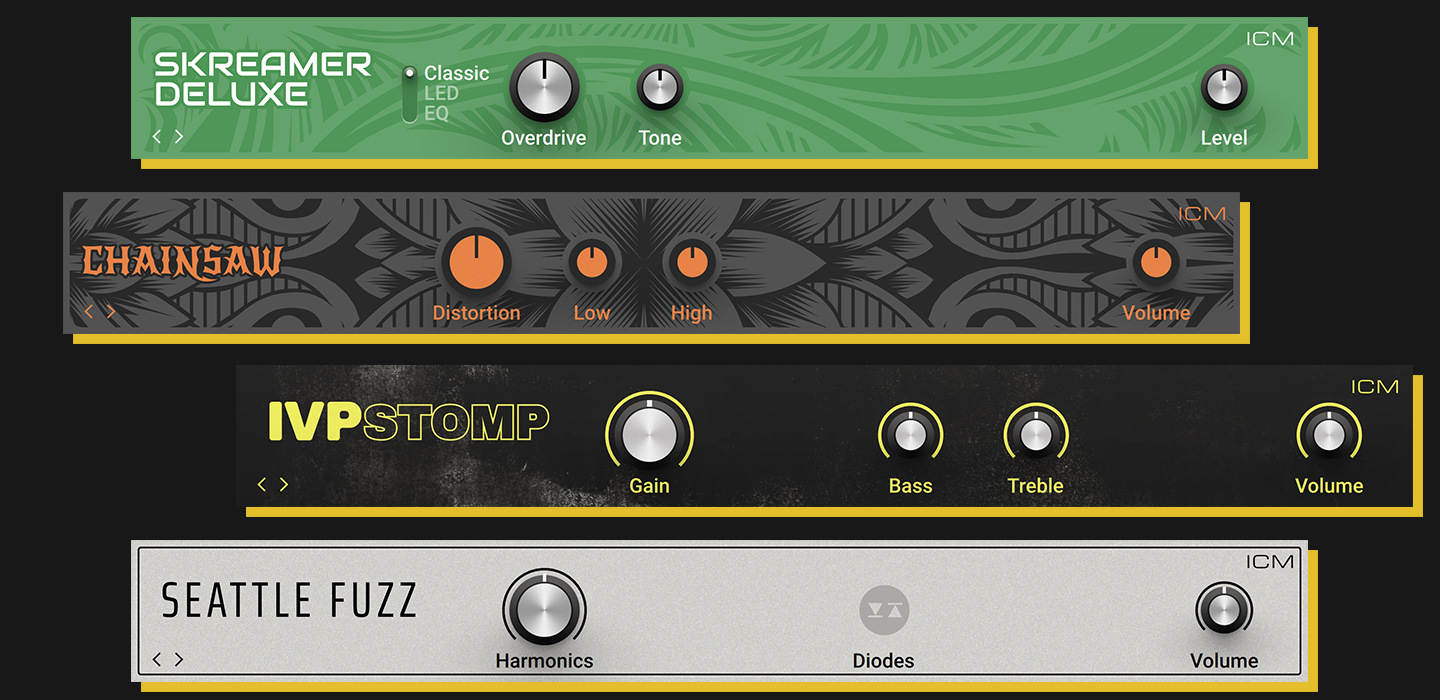 Guitar Rig 7 Pro の新しいペダル。Skreamer Deluxe・Chainsaw・IVP Stomp・Seattle Fuzz（Native Instruments 公式の画像）