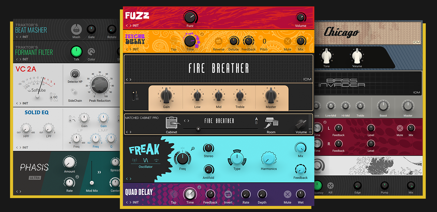 Guitar Rig 7 Pro に入っているエフェクトの例。VC 2A・Solid EQ・Psyche Delay・Freak・Quad Delay などとアンプが並ぶ（Native Instruments 公式の画像）