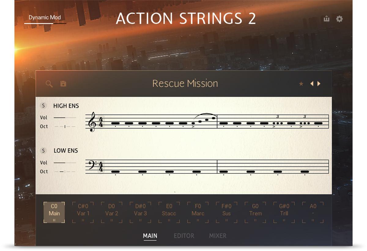 Action Strings 2のメイン画面。HIGH ENSとLOW ENSの譜面と、下にMain・Var・Stacc・Tremなどのキースイッチ(Native Instruments公式サイトより)