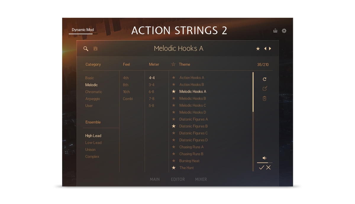 Action Strings 2のテーマの一覧画面。Category・Feel・Meterで絞り込み、Action Hooks・Melodic Hooksなどのテーマを選ぶ(Native Instruments公式サイトより)