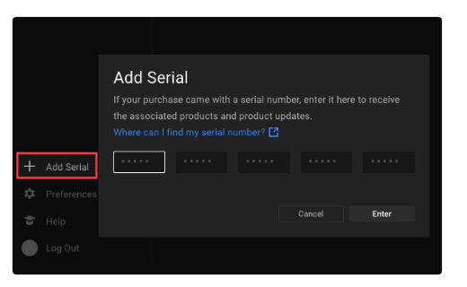 Native Instruments 公式サポートの Native Access 2 の画面。左下の Add Serial を押すと、シリアル番号を入れる欄が出る