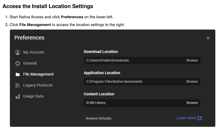 Native Instruments 公式サポートの、Native Access 2 の入れ先を変える手順。Preferences の File Management に Download Location・Application Location・Content Location が並ぶ(画面は Windows の例)
