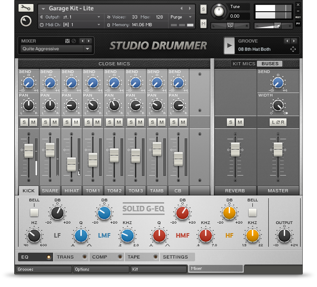 Studio Drummerのミキサー画面。KICK・SNARE・HIHAT・TOM1〜3などのフェーダーと、下にSOLID G-EQ（Native Instruments公式サイトの画像より）