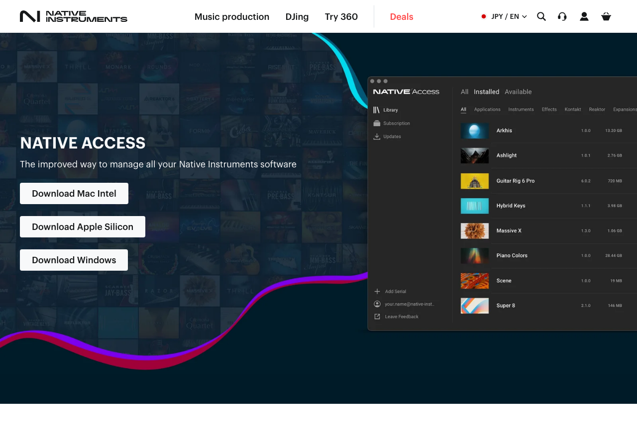 Native Instruments 公式の Native Access のページ。Mac Intel・Apple Silicon・Windows のダウンロードボタンが並ぶ