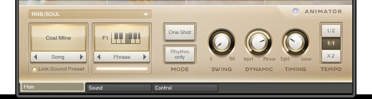 Session HornsのAnimatorの操作部。ジャンル・曲・フレーズの選択と、SWING・DYNAMIC・TIMING・TEMPOのつまみ（Native Instruments公式サイトより）