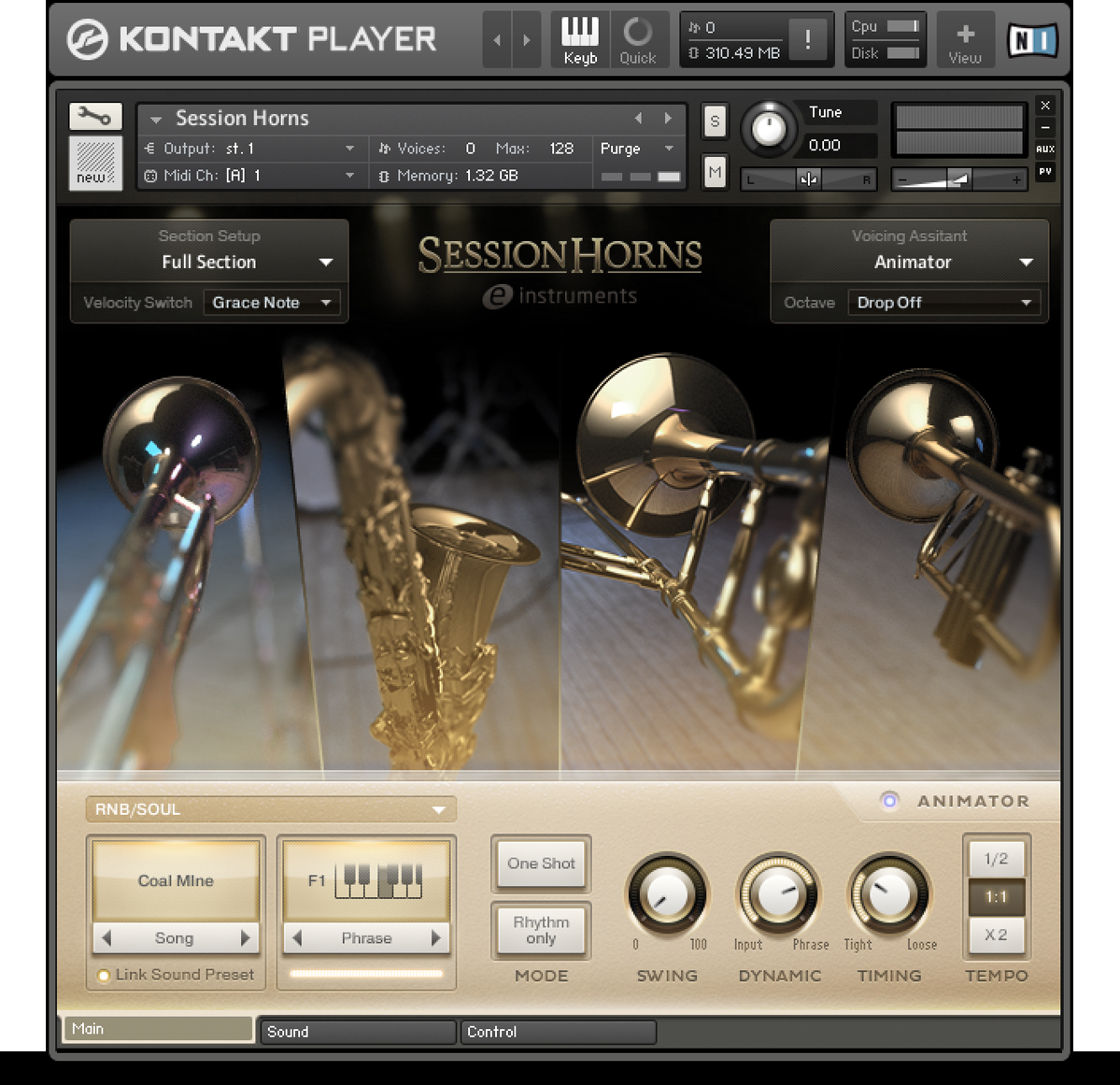 Kontakt PlayerでSession Hornsを開いた画面。トランペット・サックス・トロンボーンの写真と、下にAnimatorの操作部（Native Instruments公式サイトより）