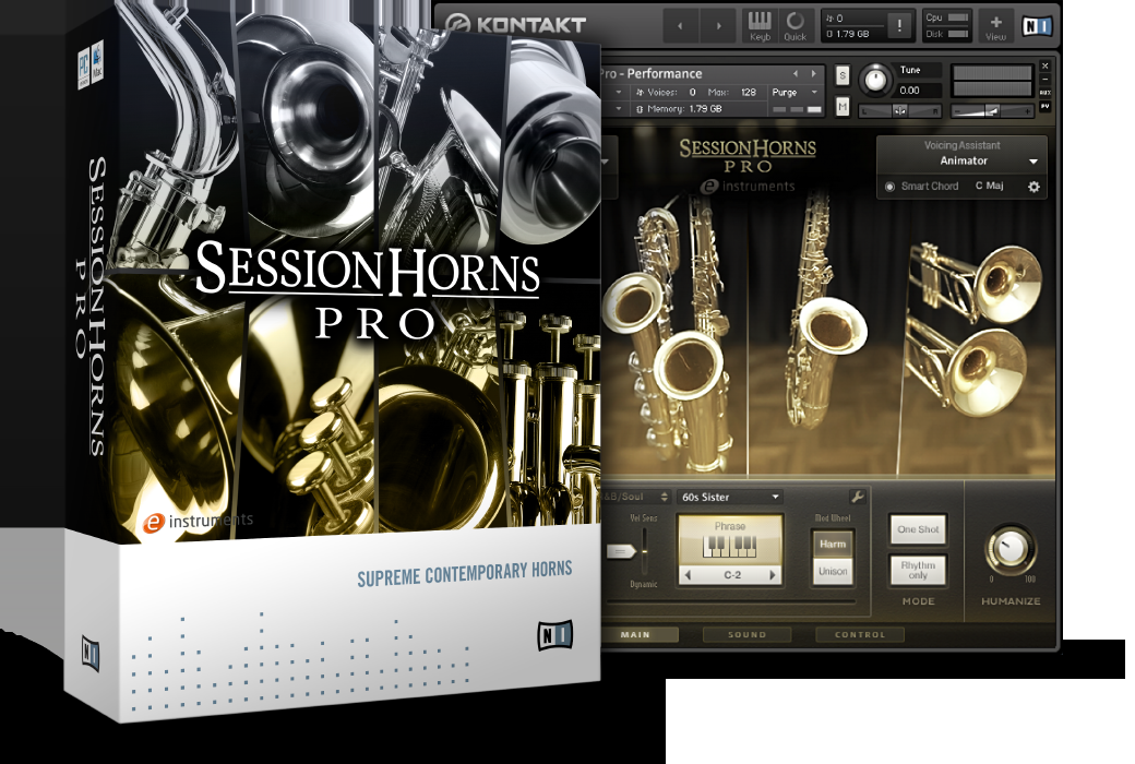 上位版Session Horns Proのパッケージと画面（Native Instruments公式サイトより）