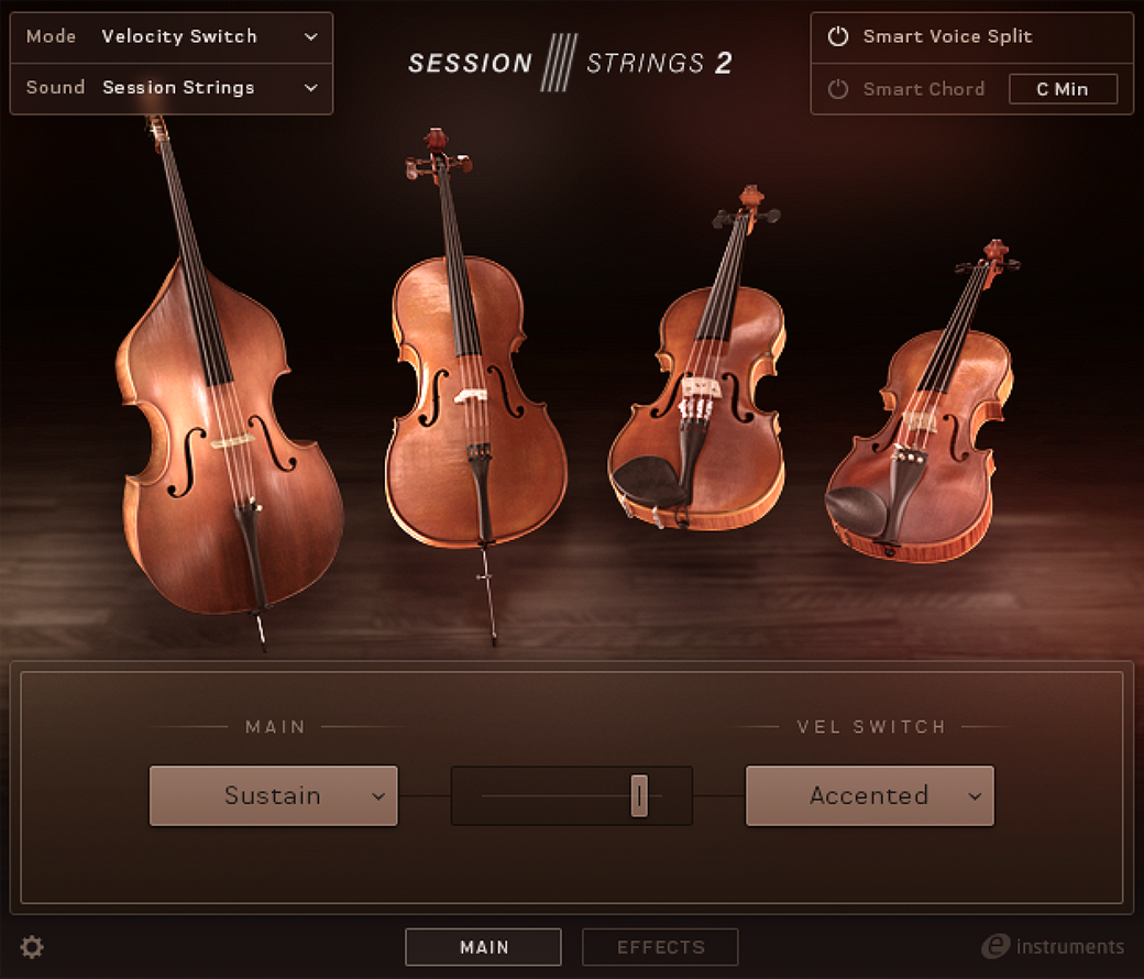 Session Strings 2のメイン画面。コントラバス・チェロ・ビオラ・バイオリンの写真と、右上にSmart Voice SplitとSmart Chordのスイッチ(Native Instruments公式サイトより)