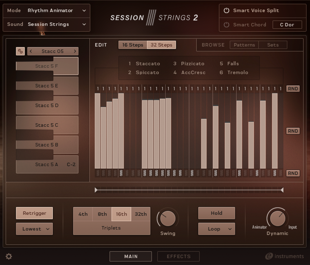 Session Strings 2のRhythm Animatorの画面。16・32ステップのバーと、スタッカート・ピチカートなど奏法の切り替え(Native Instruments公式サイトより)