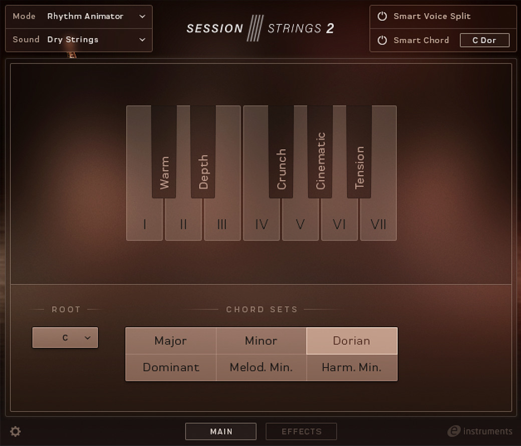 Session Strings 2のSmart Chordの画面。I〜VIIの鍵盤とRoot・Chord Sets(Major・Minor・Dorianなど)の選択(Native Instruments公式サイトより)