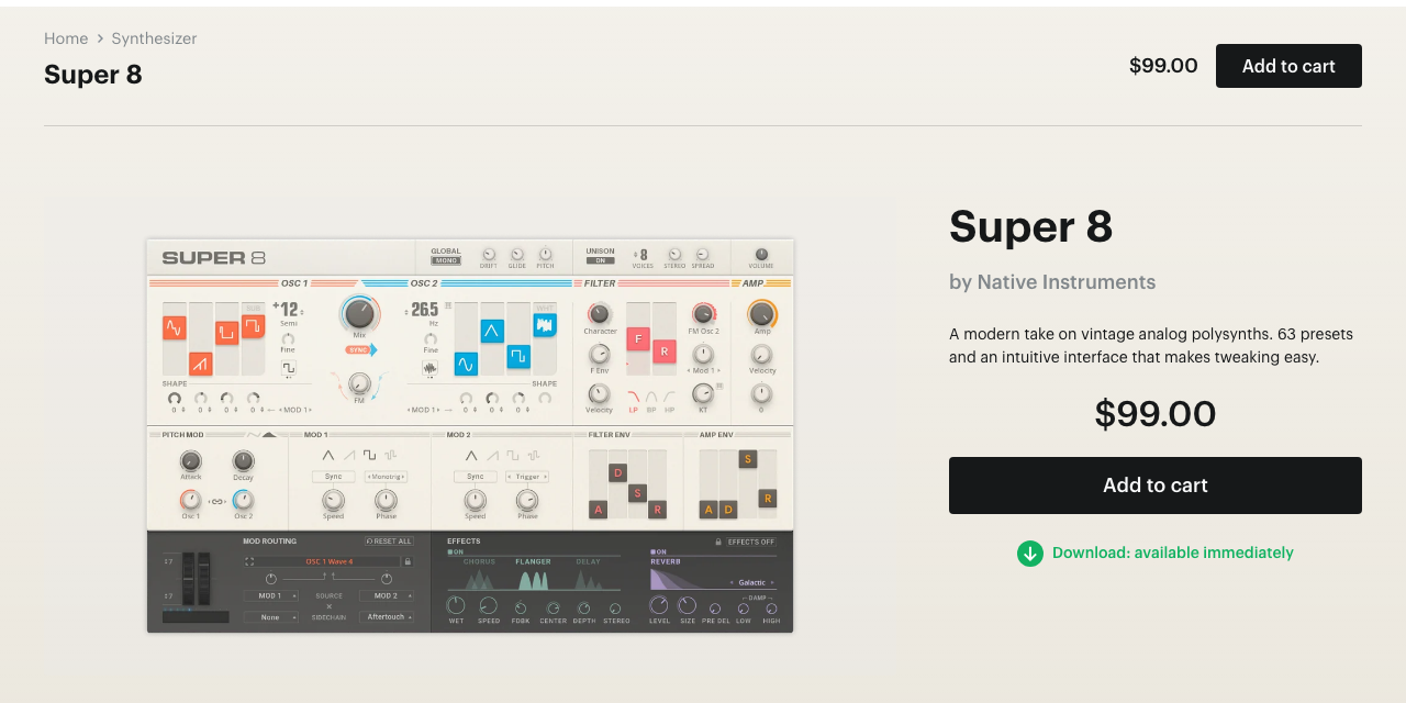 Native Instruments公式のSuper 8のページ。オシレーター2つ・フィルター・エンベロープ・エフェクトが1画面に並ぶ