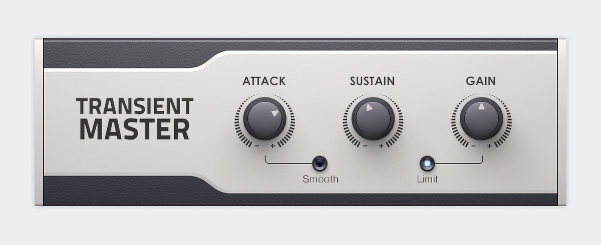 Transient Masterの画面。ATTACK・SUSTAIN・GAINの3つのつまみと、SmoothとLimitの2つのスイッチだけ（Native Instruments公式の画像）