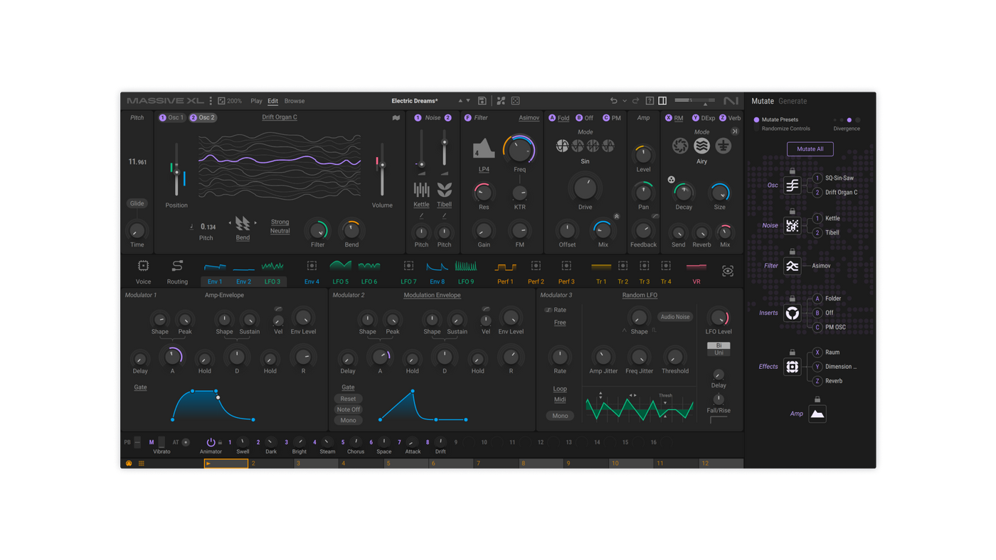 Massive XL の右側に開いた Mutate のパネル。オシレーターやフィルターなど、変えたい部分を選んでプリセットを少しずつ変化させる（Native Instruments 公式の画像）