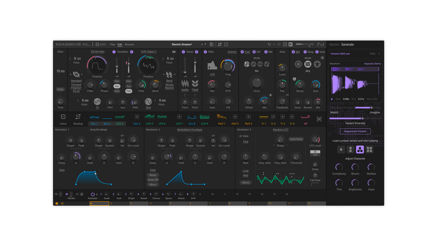 Massive XL の右側に開いた Generate のパネル。音を読み込むと、それに近いプリセットを作る（Native Instruments 公式の画像）