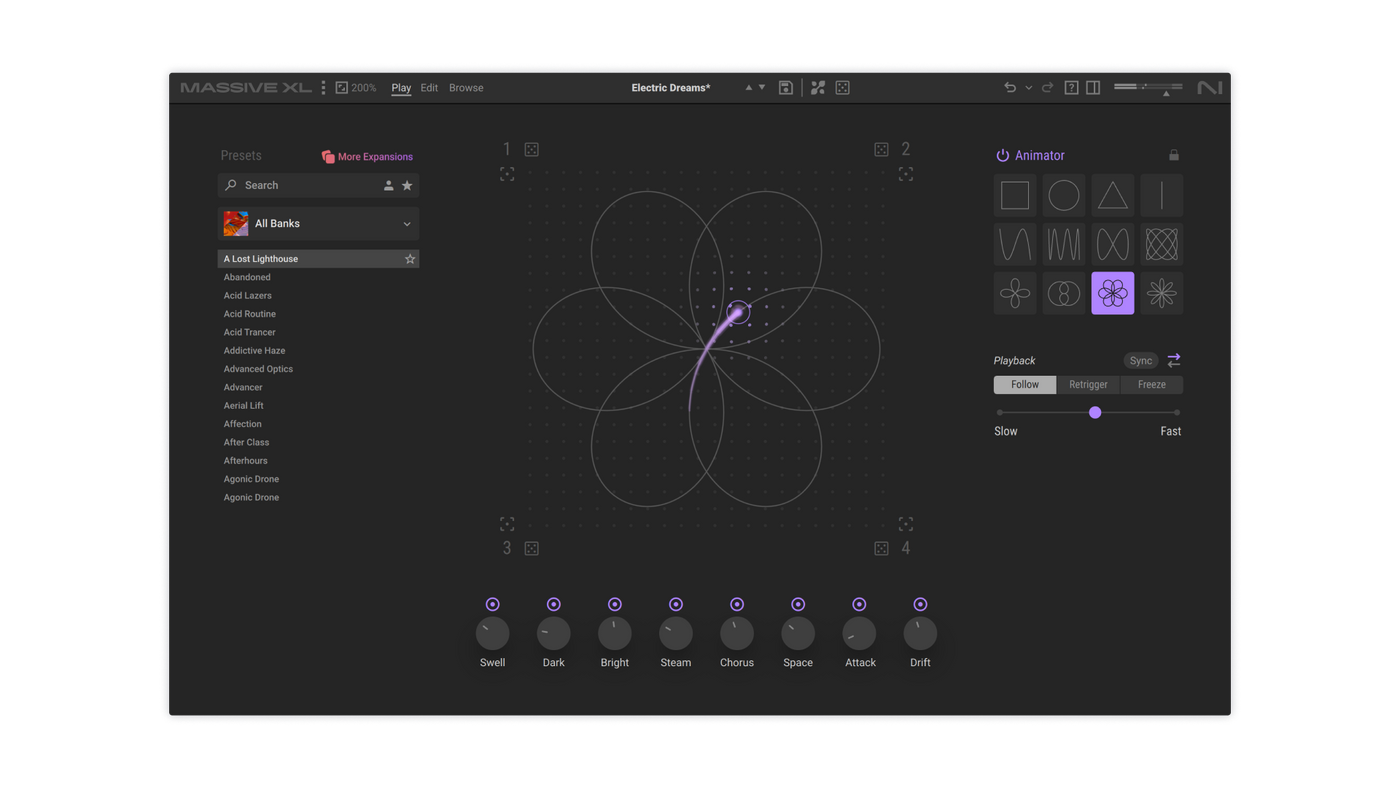 Massive XL の Play 画面。左にプリセットの一覧、中央に音の動きを描く Animator、下に8つのマクロのつまみ（Native Instruments 公式の画像）