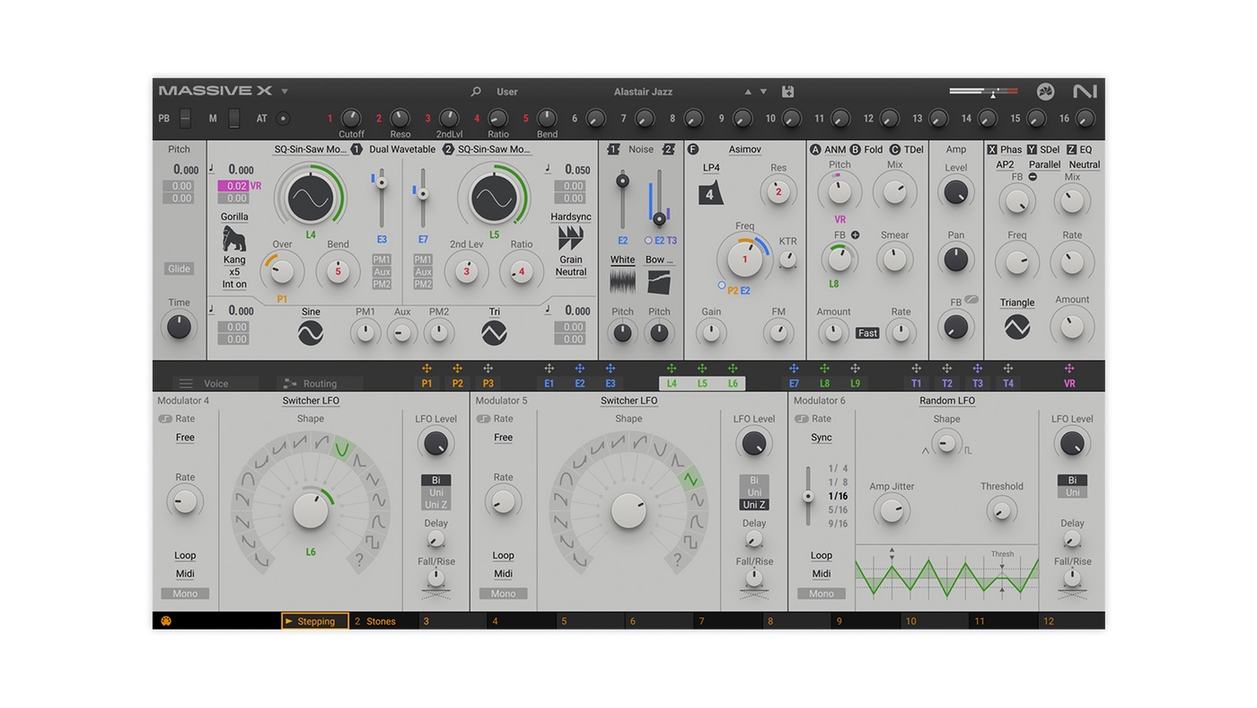 MASSIVE X のメイン画面。上にオシレーターとフィルター・エフェクト、下にLFOなどのモジュレーターが並ぶ(Native Instruments 公式の画像)