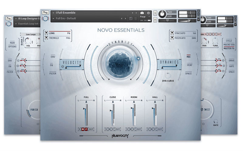 NOVO Essentials の3つの画面。中央が普通の弦のフル・アンサンブル、左がループデザイナー、右が加工した音のストリングデザイナー(Plugin Boutique の製品画像)