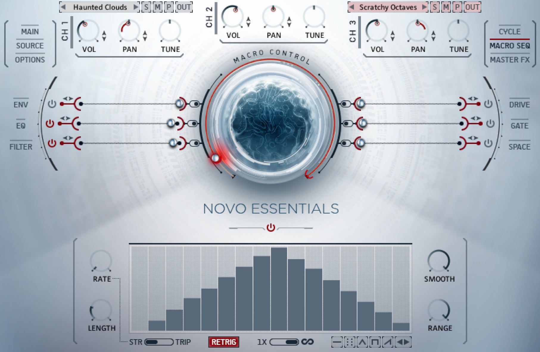 NOVO Essentials のストリングデザイナーの画面。3つのチャンネルに加工した音を読み込み、中央の MACRO CONTROL でまとめて動かす(Heavyocity 公式の画像)