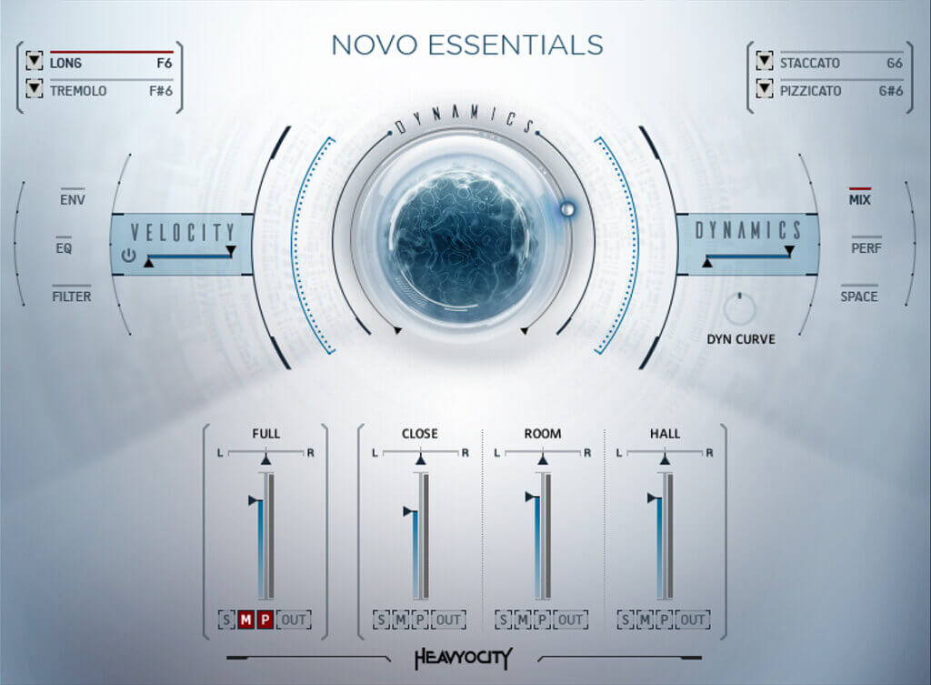 Heavyocity NOVO Essentials の画面。LONG・TREMOLO・STACCATO・PIZZICATO の4つの奏法と、FULL・CLOSE・ROOM・HALL のマイクのフェーダー(Plugin Boutique の製品画像)