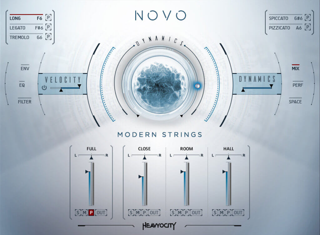 本体の NOVO: Modern Strings の画面。LONG・LEGATO・TREMOLO・SPICCATO・PIZZICATO と、奏法が Essentials より多い(Plugin Boutique の製品画像)