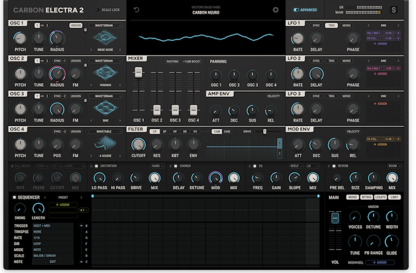Carbon Electra 2 の画面全体。左に OSC 1〜4 の4つのオシレーター（Wave Terrain と Wavetable）、中央にミキサーとフィルター、右に LFO とエンベロープ、下にエフェクトとシーケンサー（Scaler Music 公式）