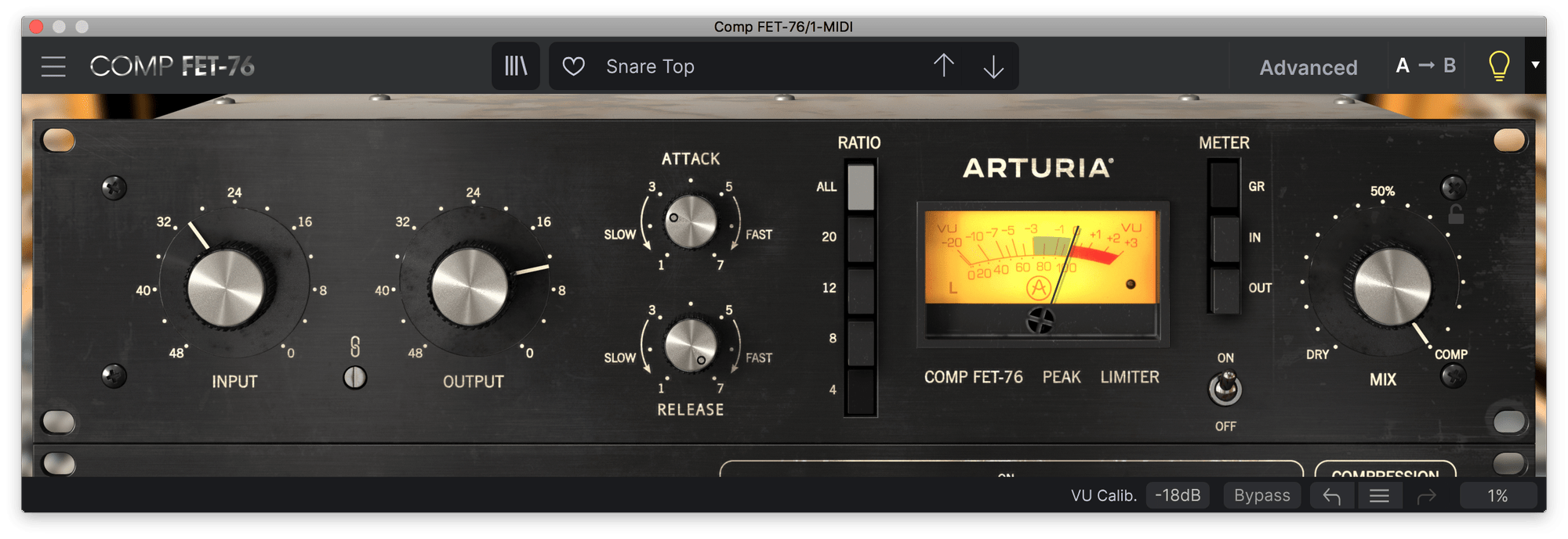 Comp FET-76の画面。左からINPUT・OUTPUT、ATTACKとRELEASE、RATIOのボタン、VUメーター、右端にMIXのつまみ(Arturia公式サイトの画像)