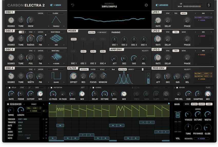 Scale Lock を C マイナーにした Carbon Electra 2 のシーケンサー。NOTE モードで Eb・F・Bb・C などスケール内の音を1歩ずつ並べ、上の段でフィルターの動きも描いている（Scaler Music 公式）