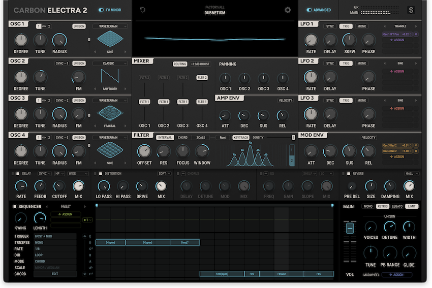 左上の Scale Lock を F# マイナーにした Carbon Electra 2。シーケンサーを CHORD モードにして、D や Dmaj7、F#m などスケールに合うコードを並べている（Scaler Music 公式）