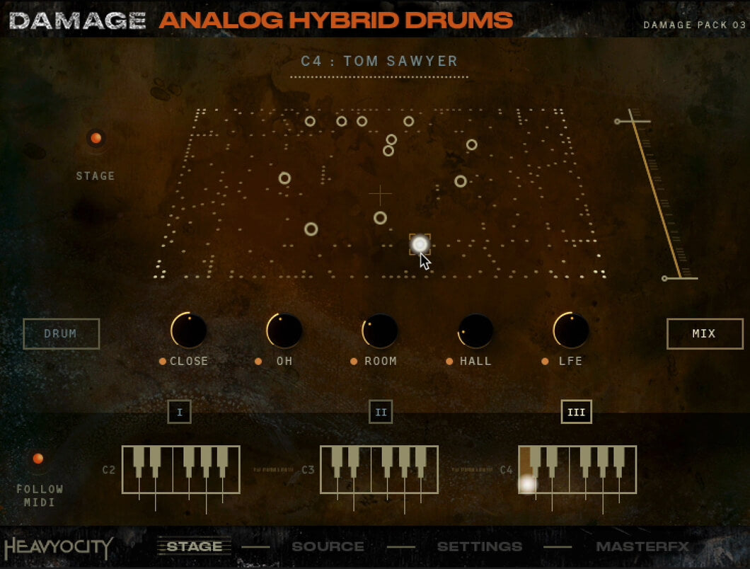 Analog Hybrid DrumsのEnsemble Designerの画面。マイク位置のつまみが5つ並ぶ(Heavyocity公式サイトより)
