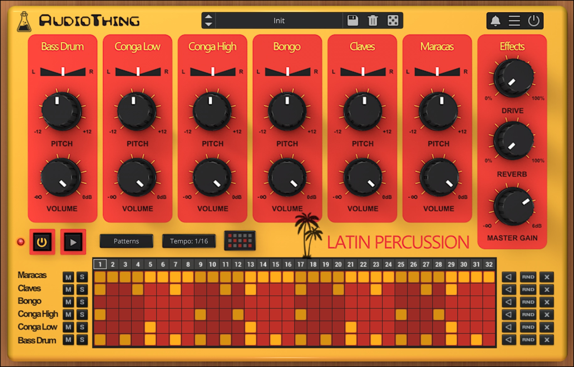 AudioThing Latin Percussionの画面。Bass Drum・Conga Low・Conga High・Bongo・Claves・Maracasの6音にPITCHとVOLUME、右にDRIVE・REVERB