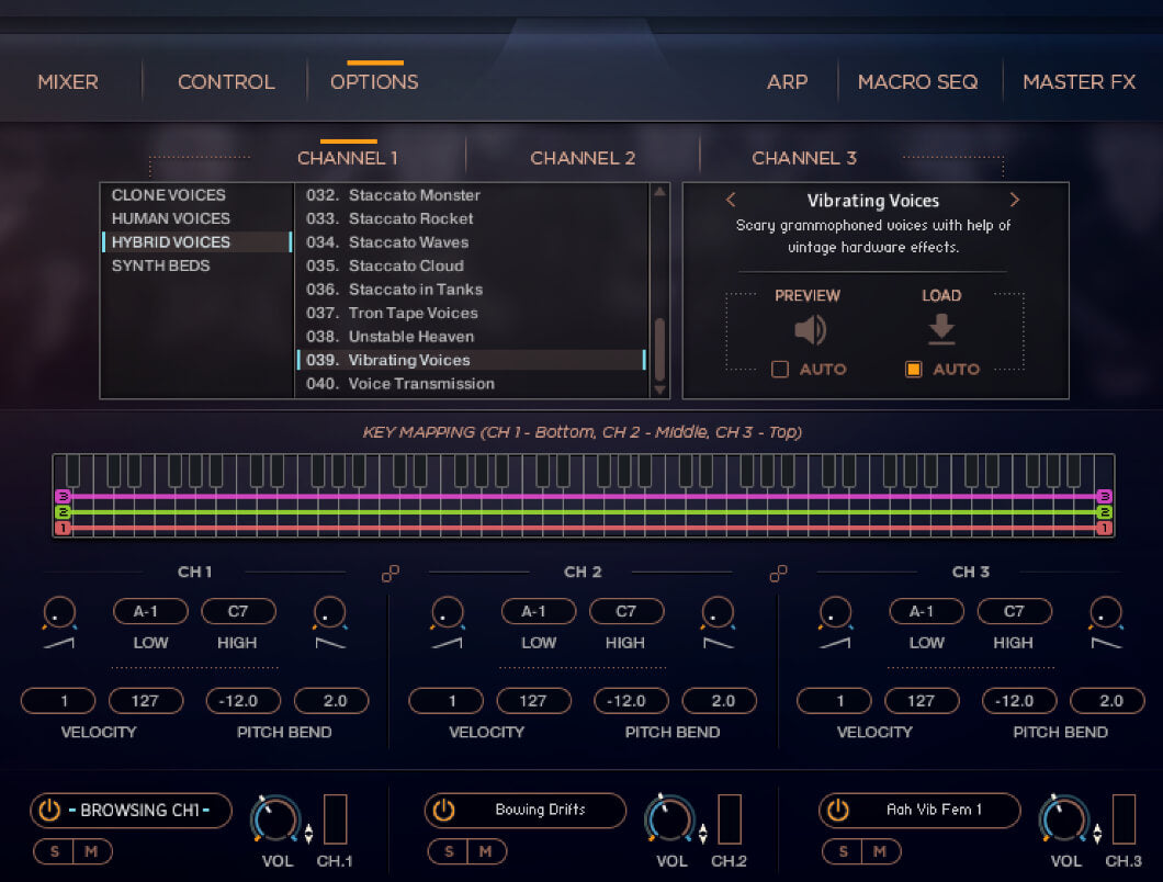 Mosaic VoicesのOPTIONS画面。Clone Voices・Human Voices・Hybrid Voices・Synth Bedsの4分類からチャンネルごとにソースを選ぶ(Heavyocity公式)