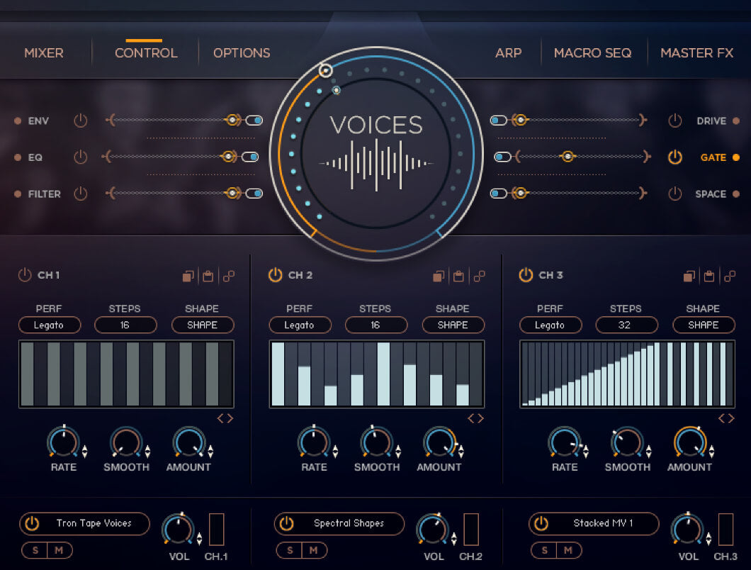 Mosaic VoicesのCONTROL画面。チャンネルごとのステップでゲートや動きを付ける(Heavyocity公式)