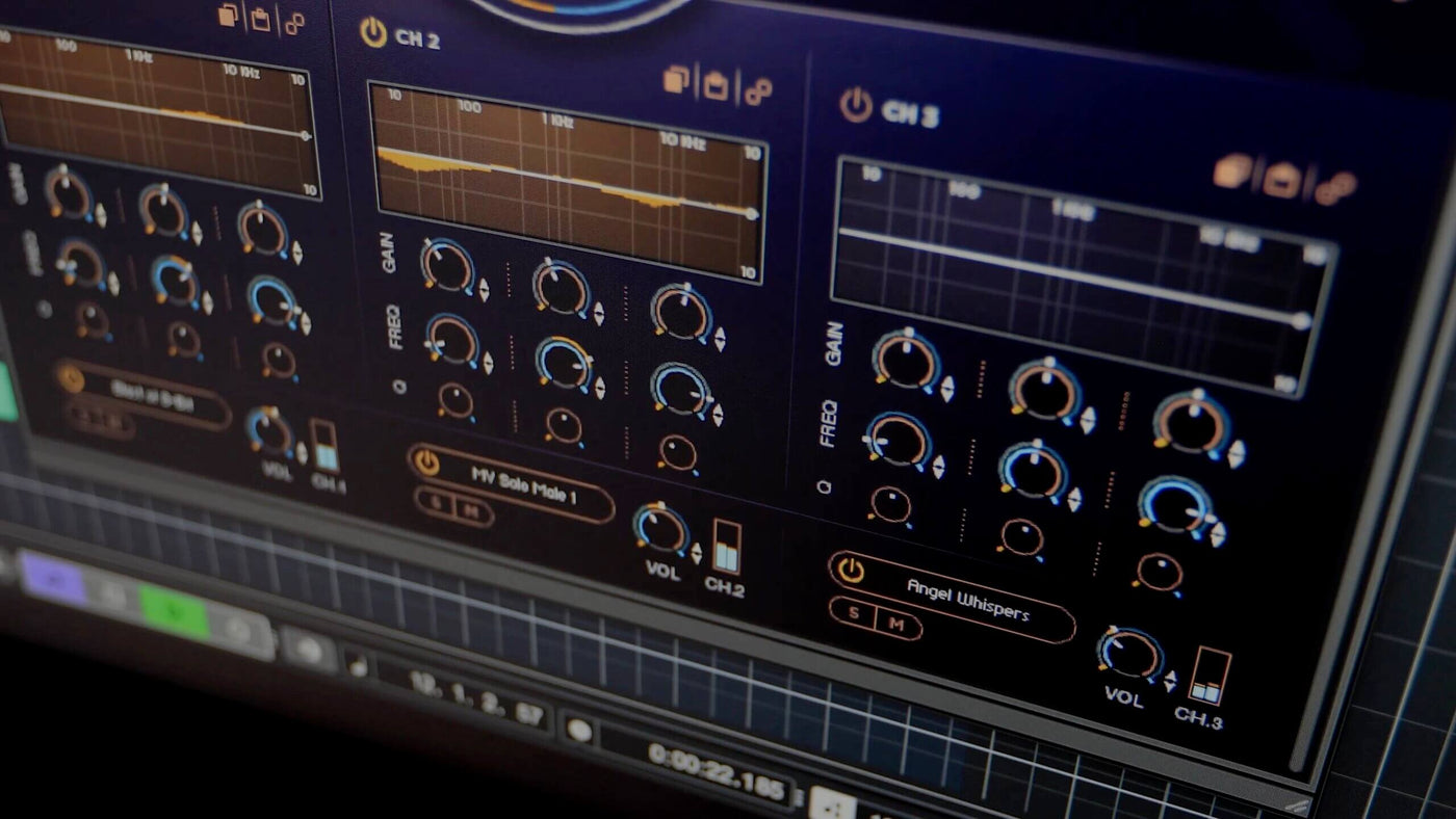 DAWで鳴らしているMosaic VoicesのEQ画面。CH3にAngel Whispersというソースが読み込まれている(Heavyocity公式)