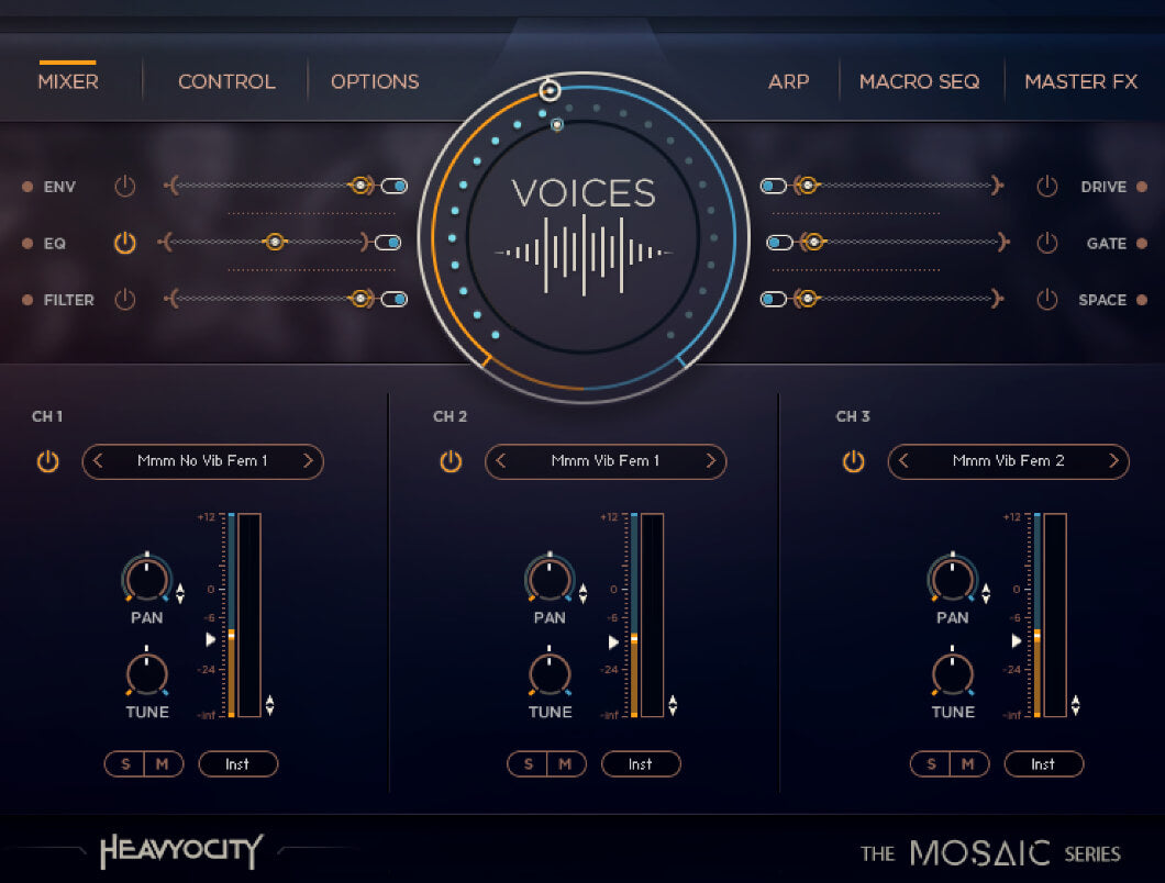 Mosaic VoicesのMIXER画面。中央のVOICESの輪と、3つのチャンネル(CH1〜CH3)に女性の声のソースを並べた状態(Heavyocity公式)