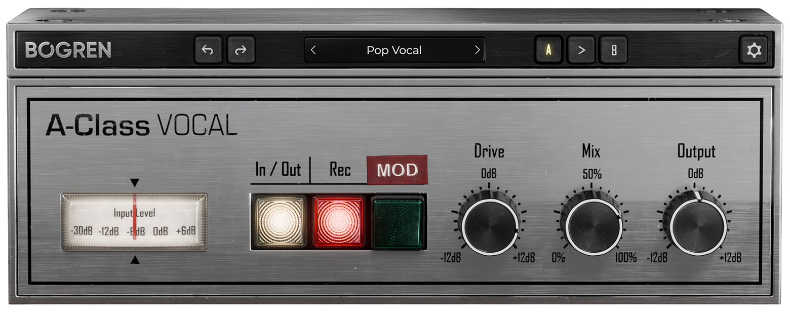 A-Class Vocal の画面。入力メーター、In/Out・Rec・MOD のボタン、Drive・Mix・Output の3つのつまみ（Bogren 公式サイトより）