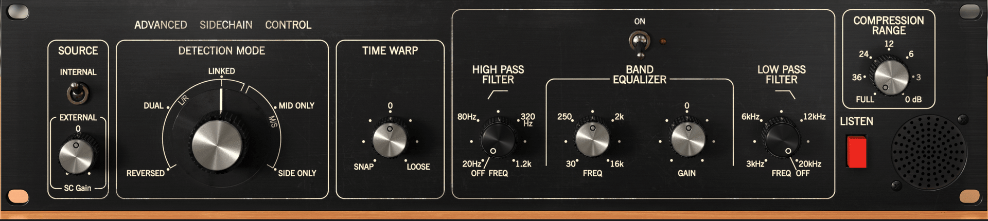 Comp FET-76のAdvancedを開いた下の段。SOURCE、DETECTION MODE、TIME WARP、サイドチェーン用のHIGH PASS・BAND EQUALIZER・LOW PASS、COMPRESSION RANGE(Arturia公式サイトの画像より)