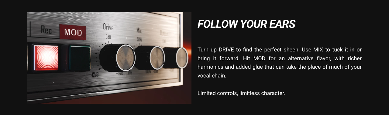 Bogren 公式サイトの A-Class Vocal の操作の説明。DRIVE・MIX・MOD