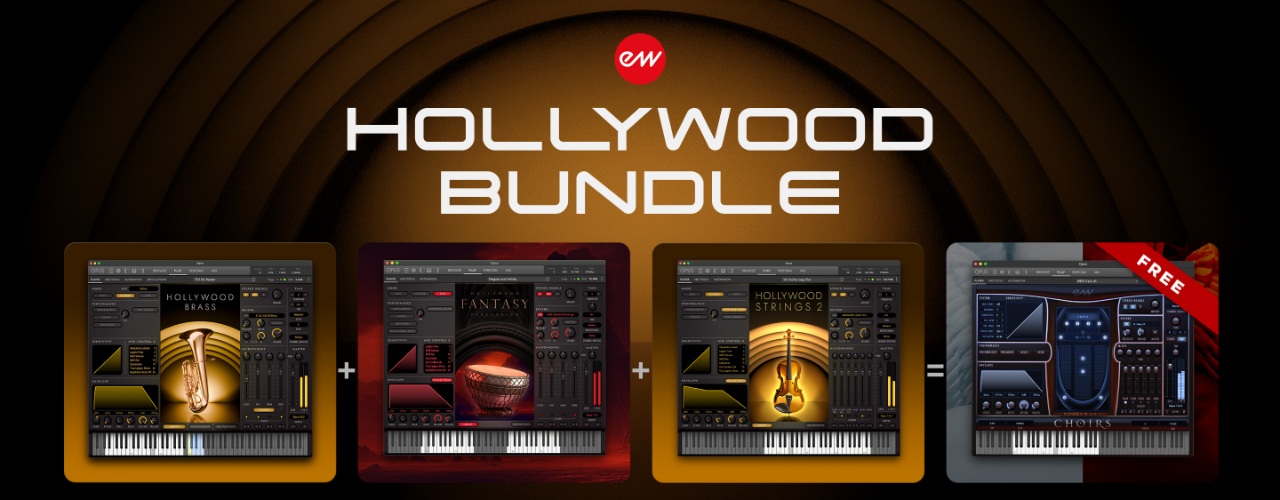EastWest Hollywood Bundle の紹介画像。Hollywood Orchestra・Hollywood Fantasy Orchestra・Hollywood Strings 2 に Hollywood Choirs が付く構成(EastWest 公式サイトから切り抜き)