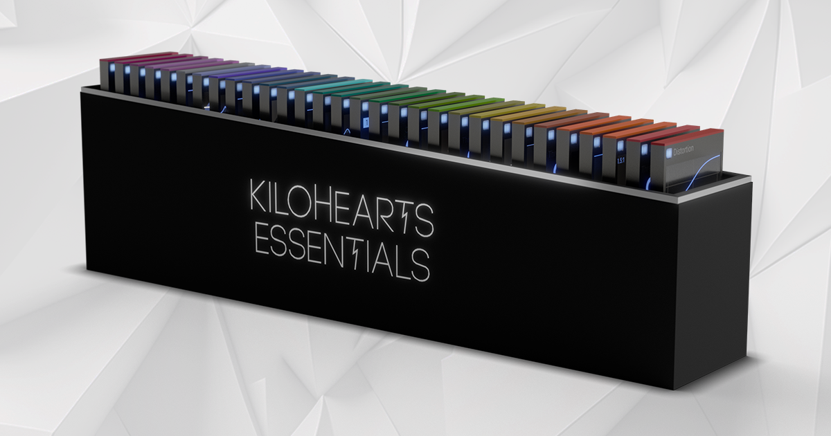 Kilohearts Essentials の箱のイメージ。色分けされた30以上の小さなエフェクトが並ぶ(Kilohearts 公式の製品画像)
