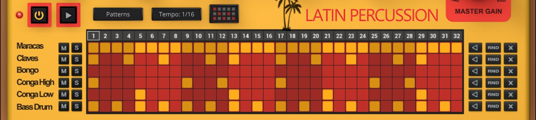 Latin Percussionの32ステップのシーケンサー。6つの音ごとにミュート・ソロ・ランダム（RND）のボタンがある