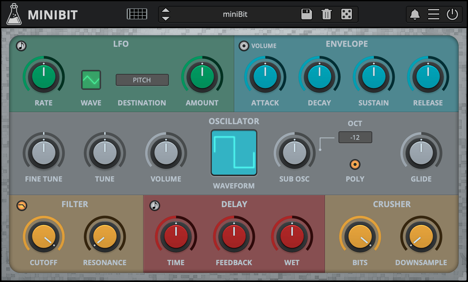 AudioThing miniBitの画面。LFO・ENVELOPE・OSCILLATOR・FILTER・DELAY・CRUSHERのつまみが並ぶ