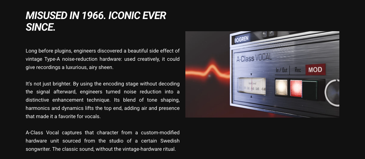 Bogren 公式サイトの A-Class Vocal の説明。ノイズリダクション機器のエンコードだけを通す1966年からの使い方