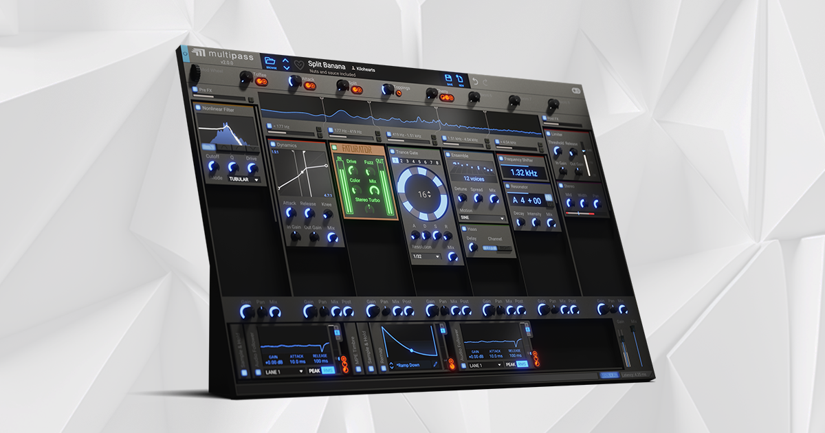 Kilohearts Multipass の画面。周波数帯を5つに分け、帯ごとに Faturator や Trance Gate などを挿している(Kilohearts 公式の製品画像)