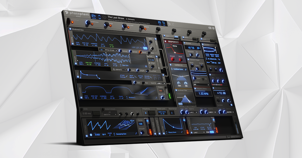 Kilohearts Phase Plant の画面。上に波形・サンプル・ウェーブテーブルのジェネレーター、右に Disperser や Carve EQ などのエフェクトのレーン、下にモジュレーターが並ぶ(Kilohearts 公式の製品画像)