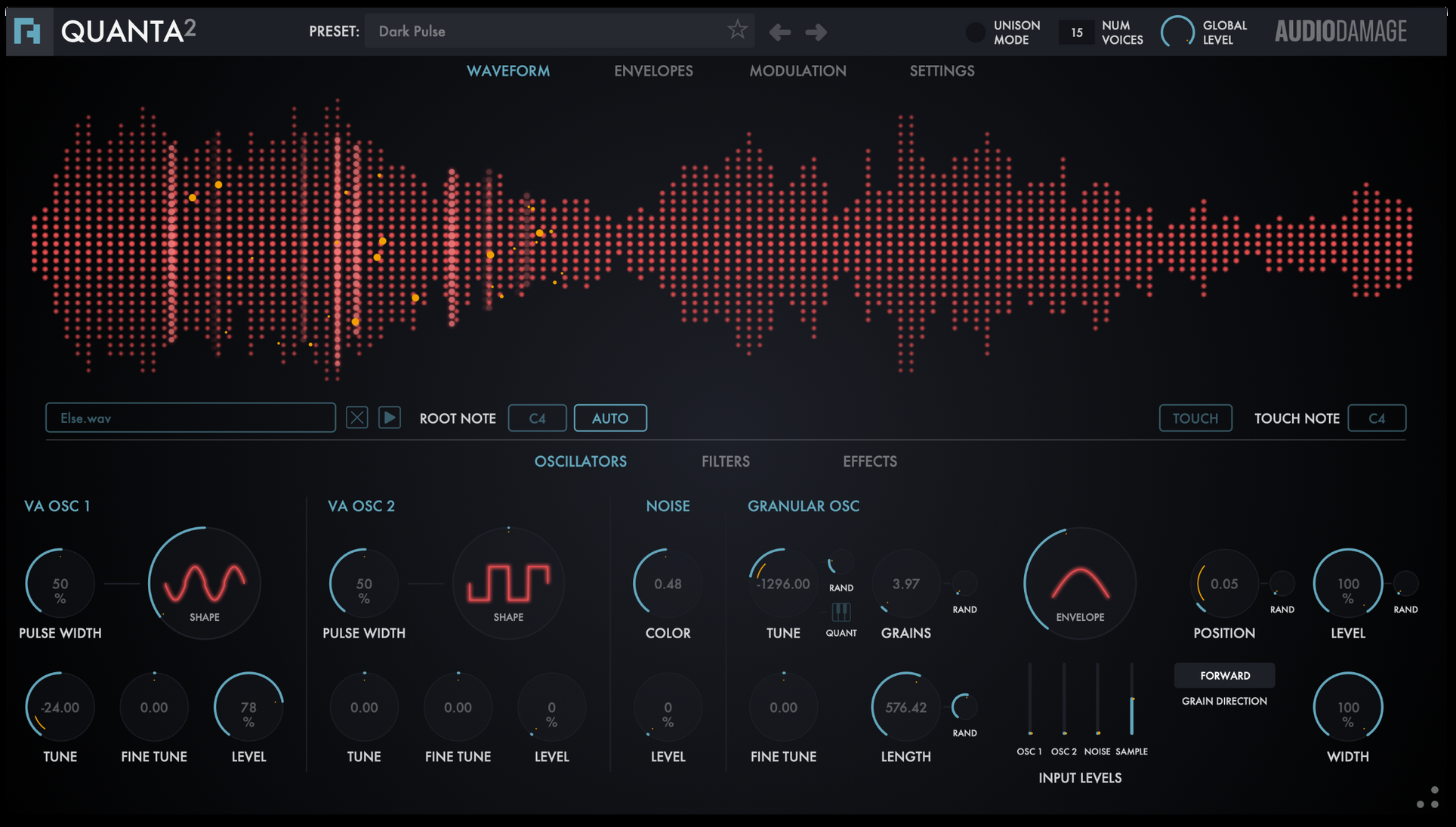 Quanta 2 の WAVEFORM 画面。読み込んだ音の波形の上に、オレンジの点で粒（グレイン）が散らばり、下に VA OSC 1・2、NOISE、GRANULAR OSC のつまみが並ぶ（Audio Damage 公式）
