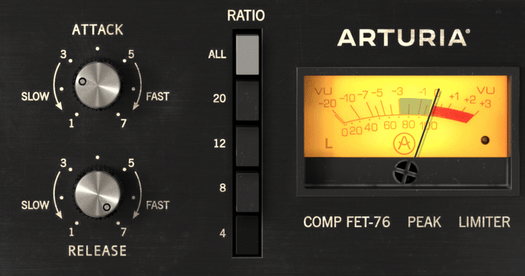 Comp FET-76のATTACK・RELEASEのつまみと、ALL・20・12・8・4のRATIOボタン、VUメーター(Arturia公式サイトの画像より)