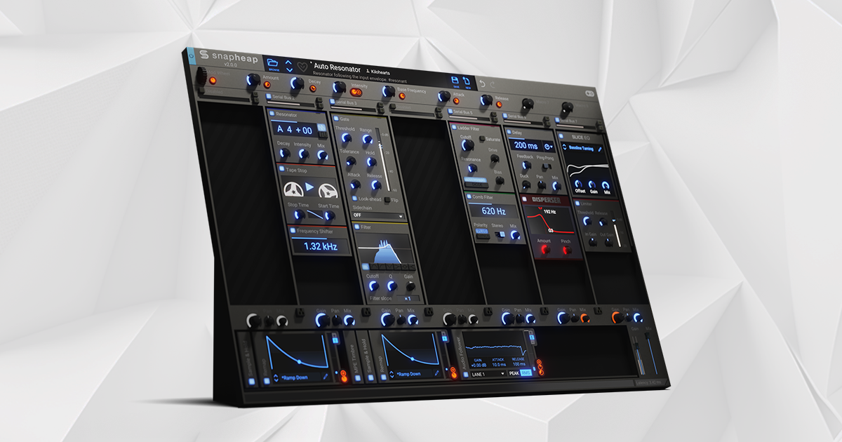 Kilohearts Snap Heap の画面。Resonator・Gate・Ladder Filter・Delay・Disperser などのエフェクトを横に並べたチェーン(Kilohearts 公式の製品画像)