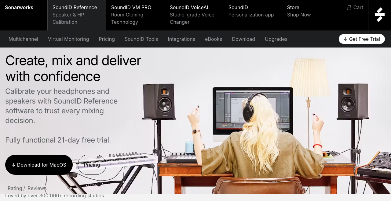 Sonarworks 公式サイトの SoundID Reference のページ。ヘッドホンとスピーカーを補正するソフトで、21日間の無料体験があると書かれている