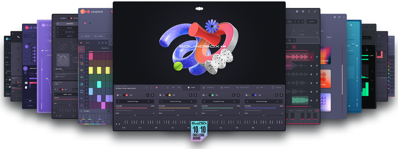 Audiomodern Complete Suiteに入る製品の画面を並べた画像。Playbeat・Chordjam・Soundboxなど(Plugin Boutiqueの製品画像)